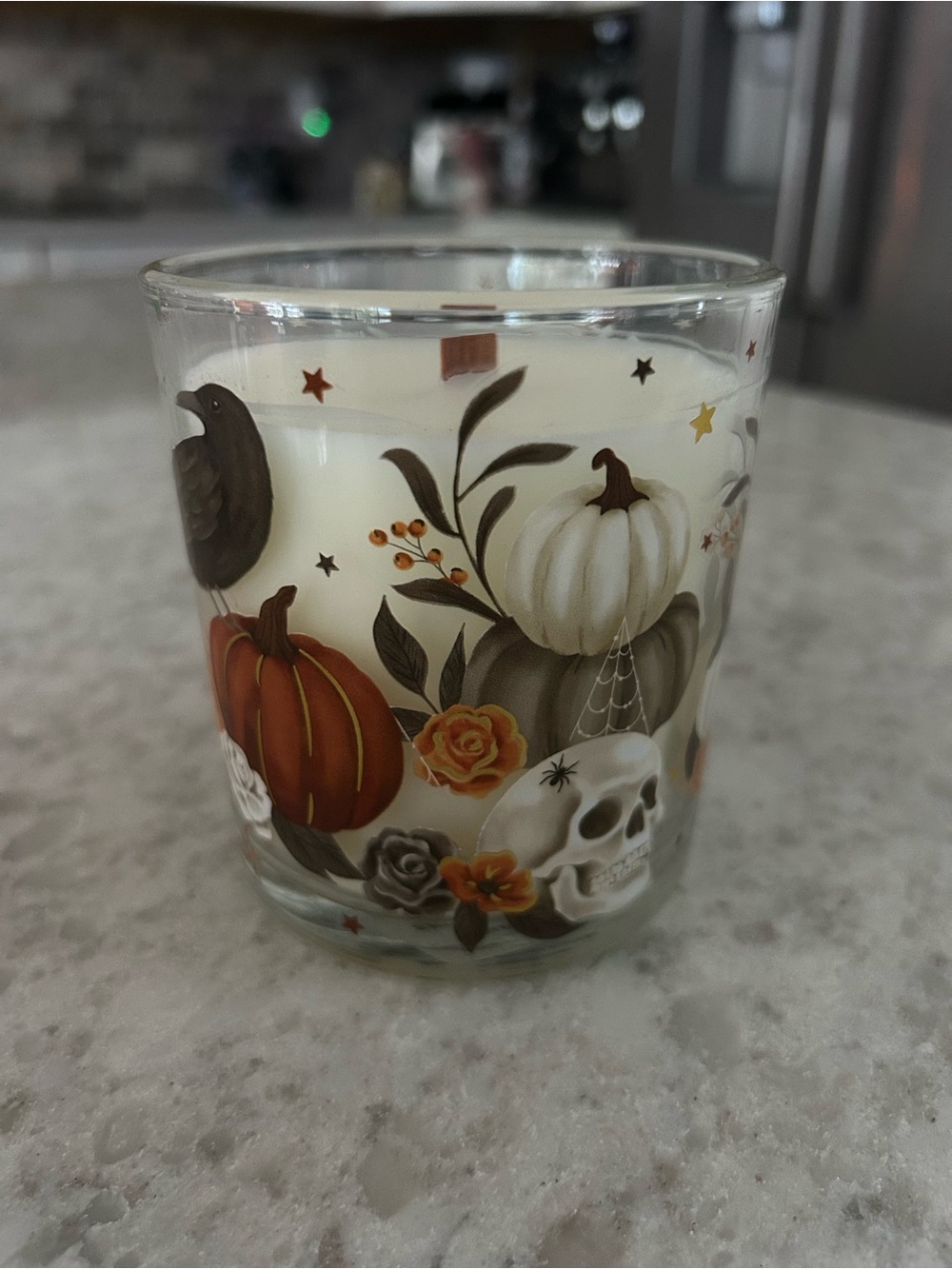 “New” Clementine Festive Fall Pumpkin & Skull Glass Candle w/wood wick 10 oz